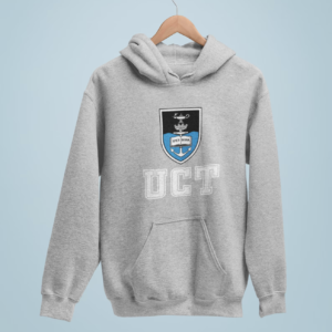 South African grey hoodie UCT, blue backGround