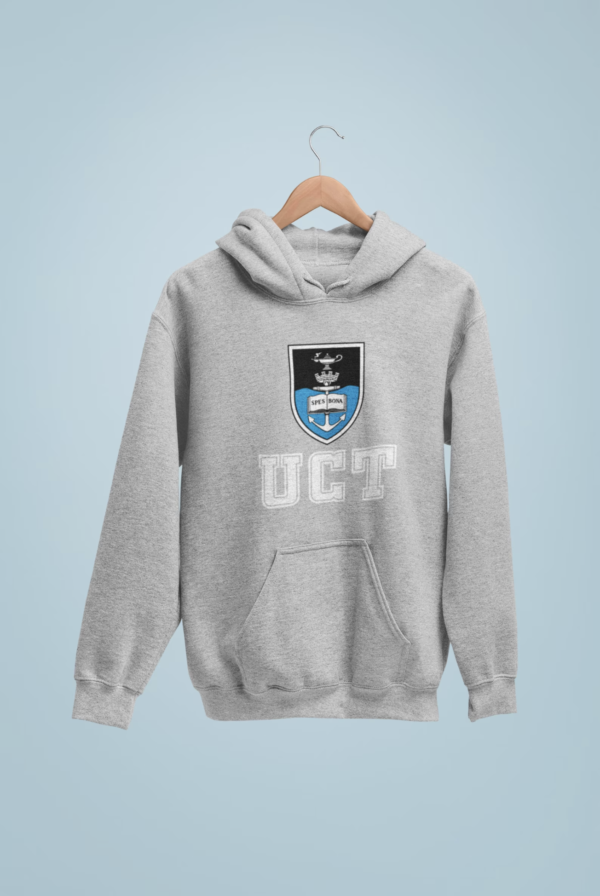 South African grey hoodie UCT, blue backGround