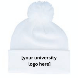 white beanie with puff ball with customizable option to add university logo