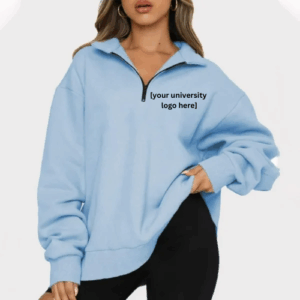 light blue womens quarter zip hoodie with customizable option to add university logo