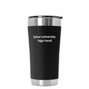 black tumbler cup with customizable option to add university logo